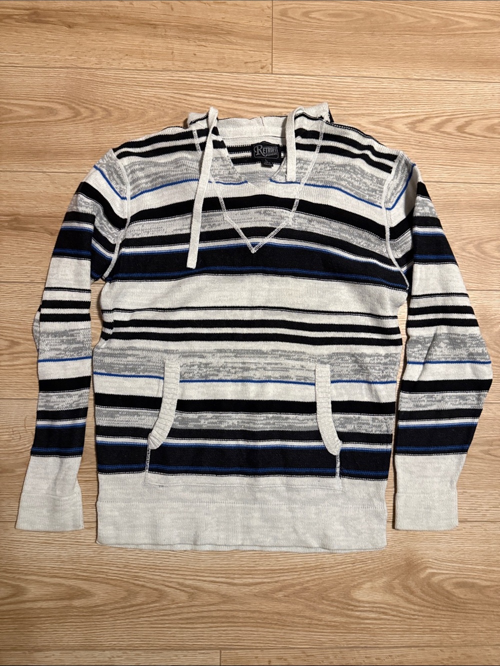 Retrofit Striped Hoodie in White, Black & Blue